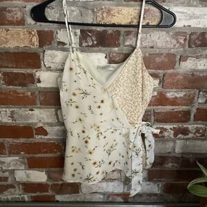 Paper Crane  White with Yellow Floral V Neck Faux Wrap Tank Top Size Small